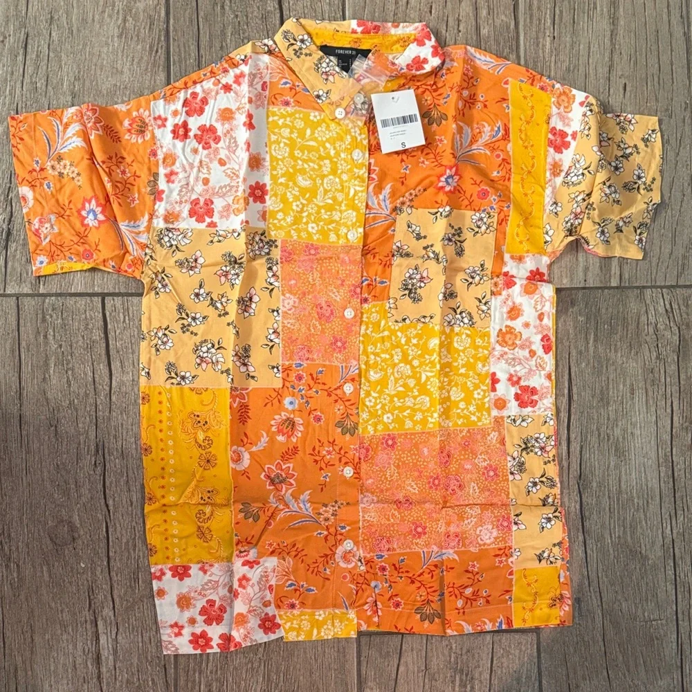Floral Patchwork Women’s Shirt - Orange and Yellow - Picture 1 of 2